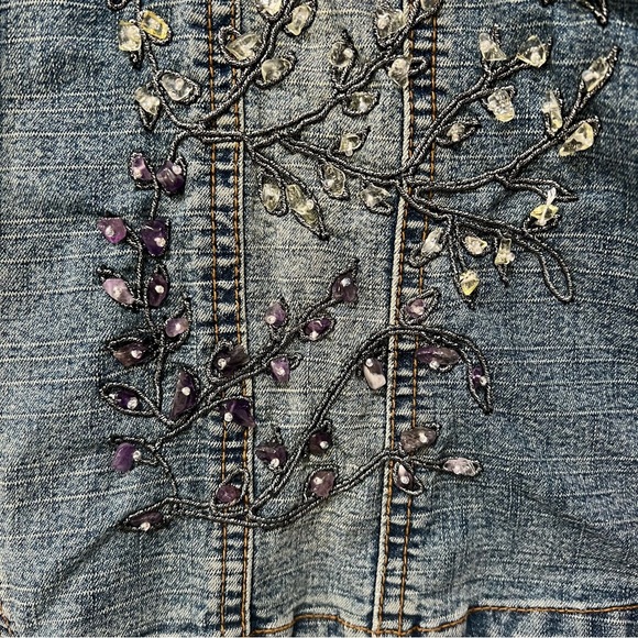 Mango Denim Embellished Jean Jacket Button Up Embroidered Size Medium Vintage - Picture 3 of 12